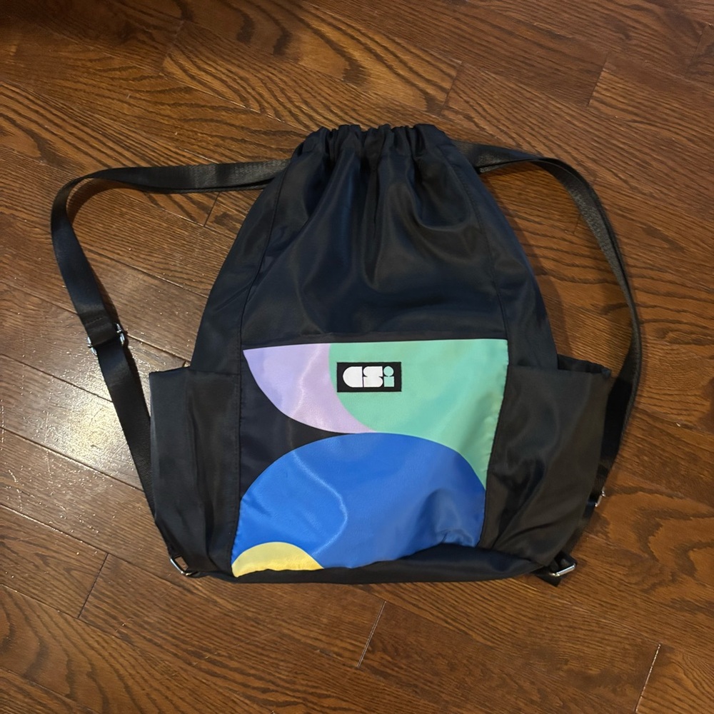 Black Drawstring Backpack with Colorful Pocket
